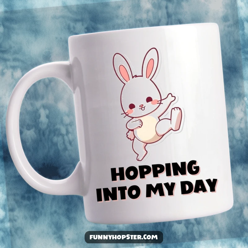 Funny Bunny Kick Mug: A cheerful bunny performing a tiny, cute kick, radiating playful energy, a perfect funny gift for enthusiasts.