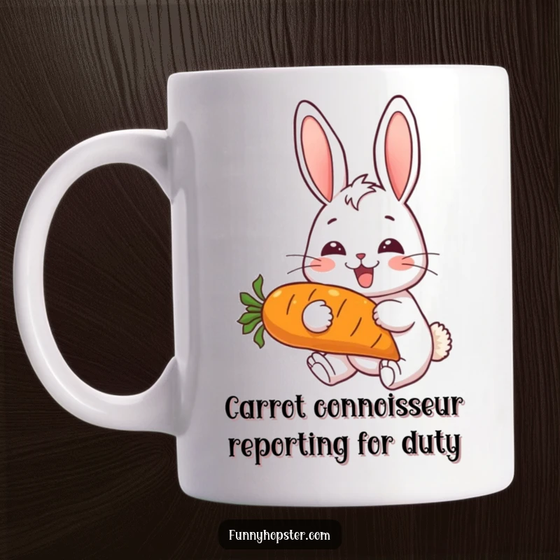 Funny mug featuring a cheerful rabbit with perked ears, joyfully munching a huge carrot in a delightful and humorous scene.