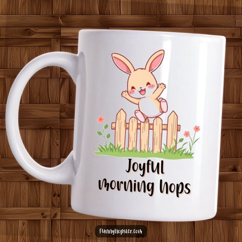 Funny joyous rabbit character leaping with pure delight over a small garden fence, captured on a cheerful mug.
