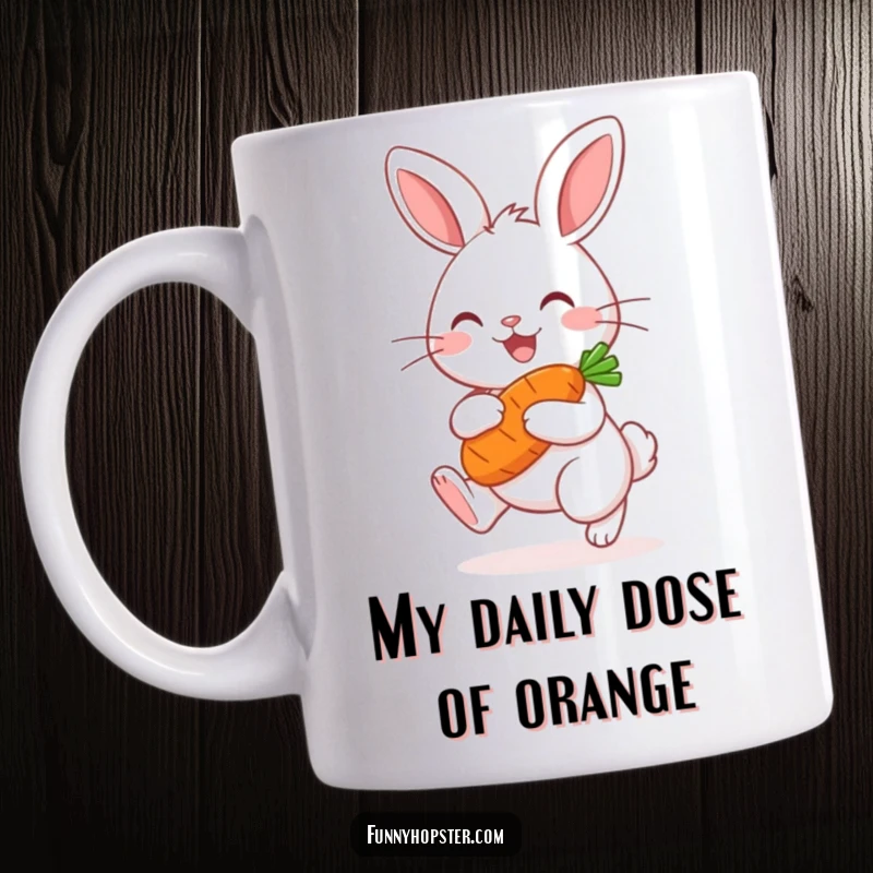 Funny Kawaii Rabbit Mug: Adorable bunny joyfully hopping, clutching a delicious carrot, perfect for brightening any fan's day.