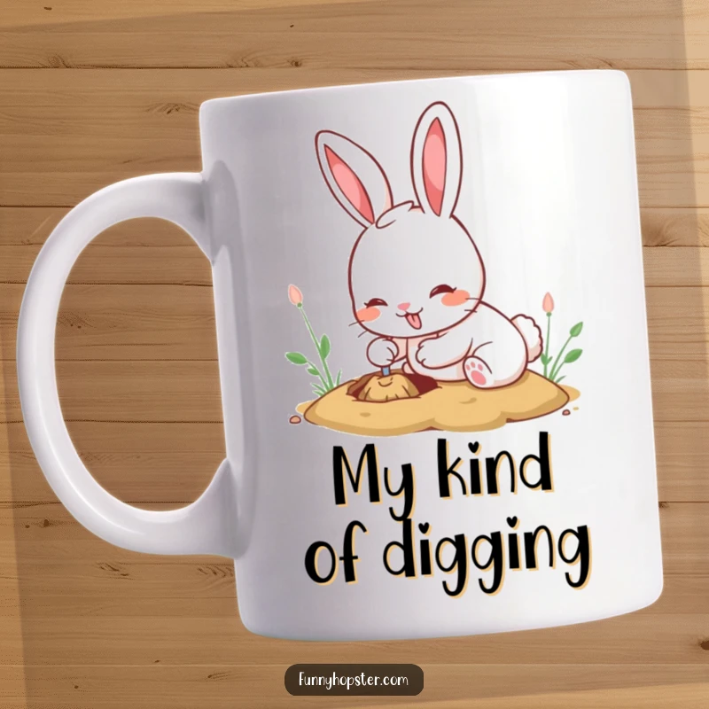 Funny kawaii rabbit mug depicting a bunny digging with extreme enthusiasm and a determined expression, perfect for coffee lovers.