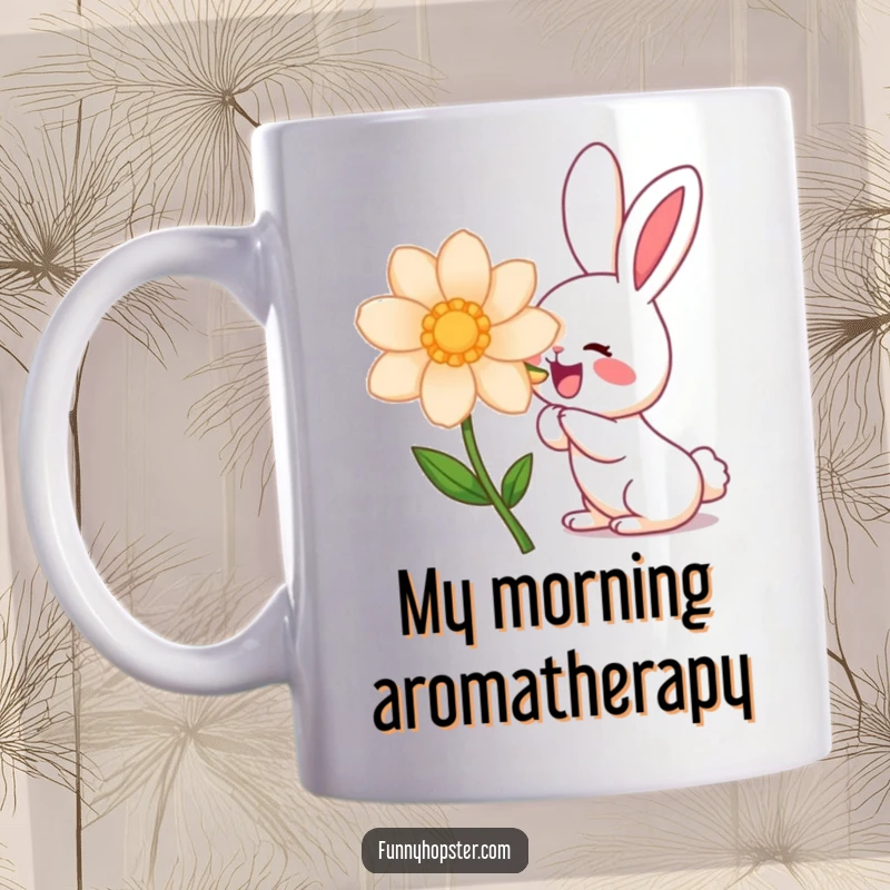 Funny kawaii rabbit character joyfully sniffing a huge, vibrant flower, showcasing intense, cute delight – perfect for a funny gift mug.