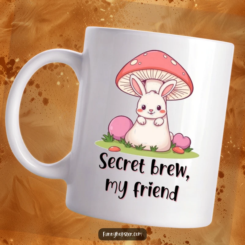 Funny mug showing a mischievous rabbit peeking slyly from behind a giant mushroom, full of playful secrets.