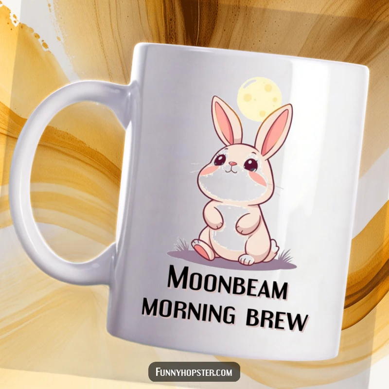 Funny mug with a cartoon rabbit looking up at the moon with wide eyes full of wonder and awe.