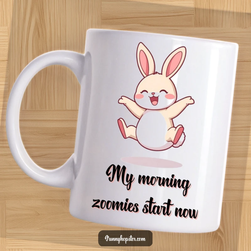 Funny Rabbit Mug: A joyful rabbit character performing an energetic cartwheel, showcasing pure, unadulterated happiness and fun.