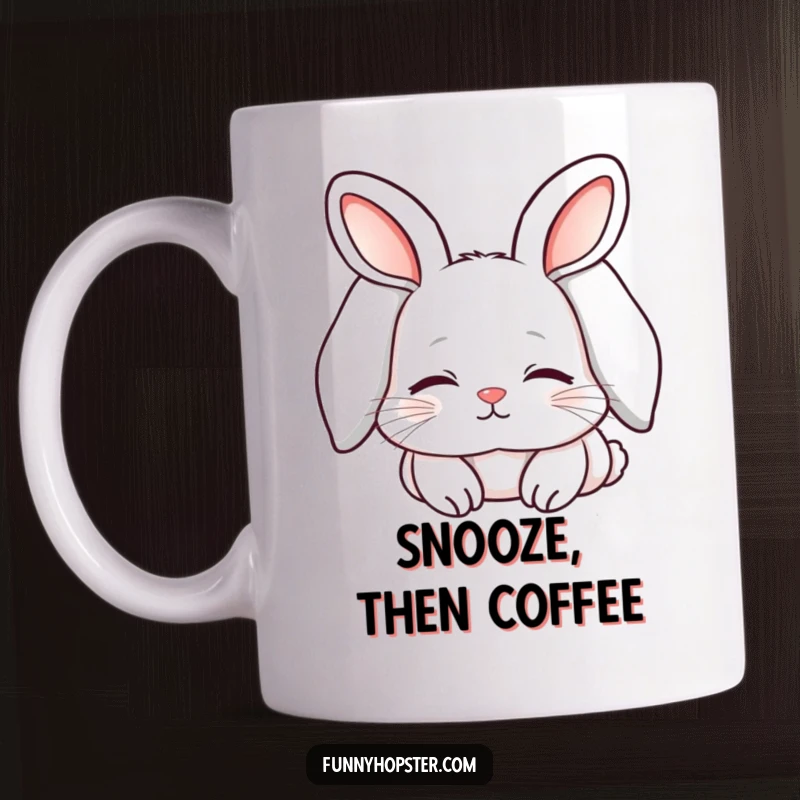 Funny mug featuring a cute kawaii rabbit with long, flopped ears, looking sleepy, content, and incredibly relaxed.
