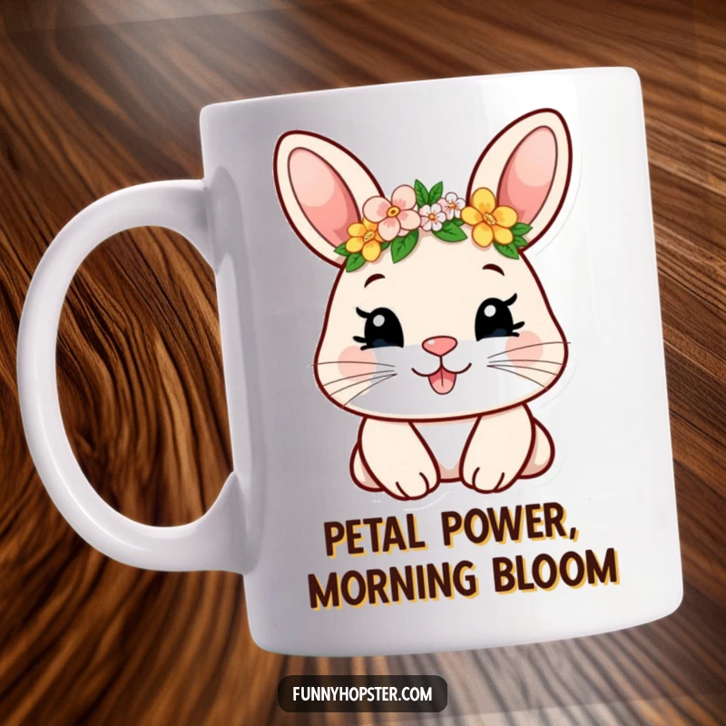 Funny mug of a smiling rabbit wearing a tiny flower crown, looking sweet and happy, perfect for a whimsical gift.