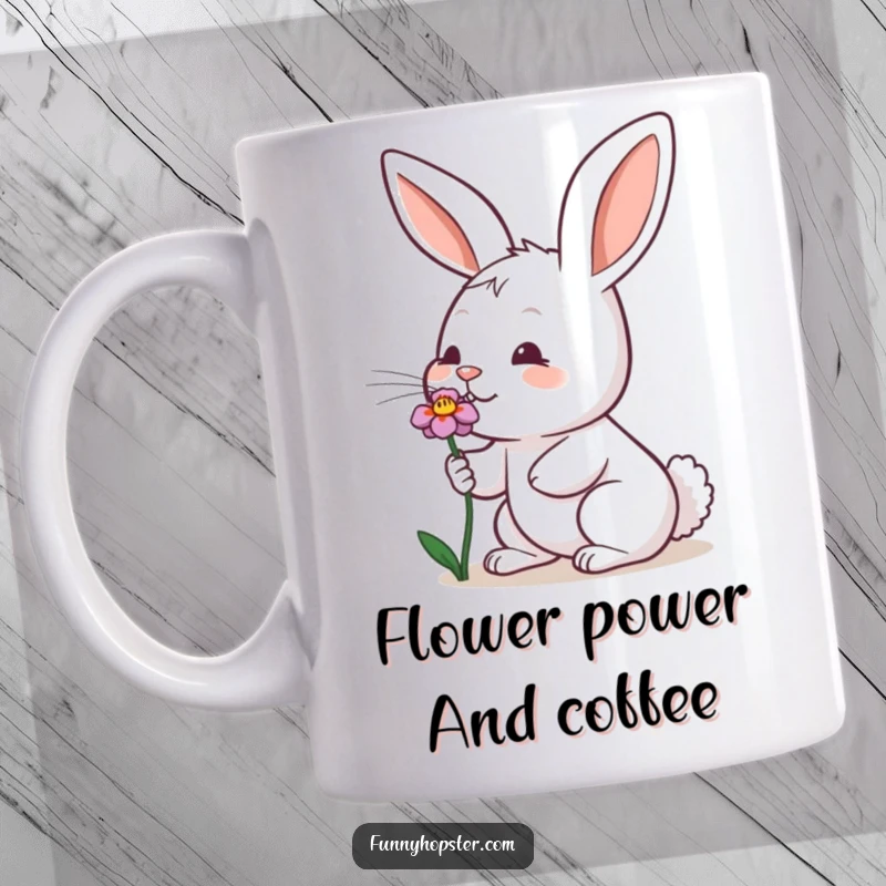 Funny mug showing a rabbit wiggling its nose with gusto while sniffing a flower, full of delightful curiosity.