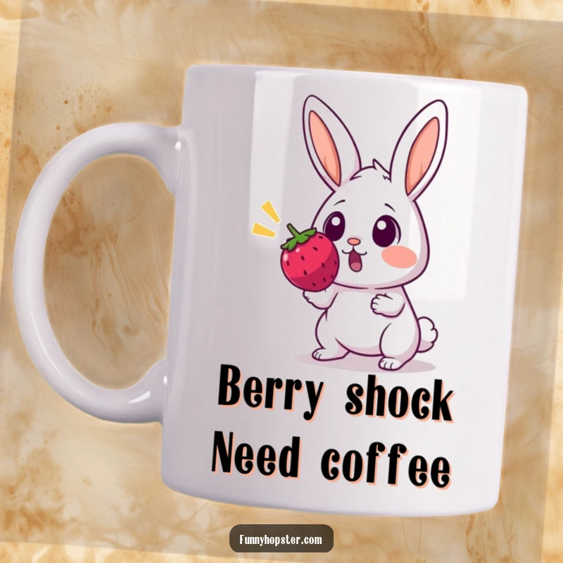 Funny mug showing a surprised rabbit with wide eyes, startled by a bouncing berry, expressing shock humorously.
