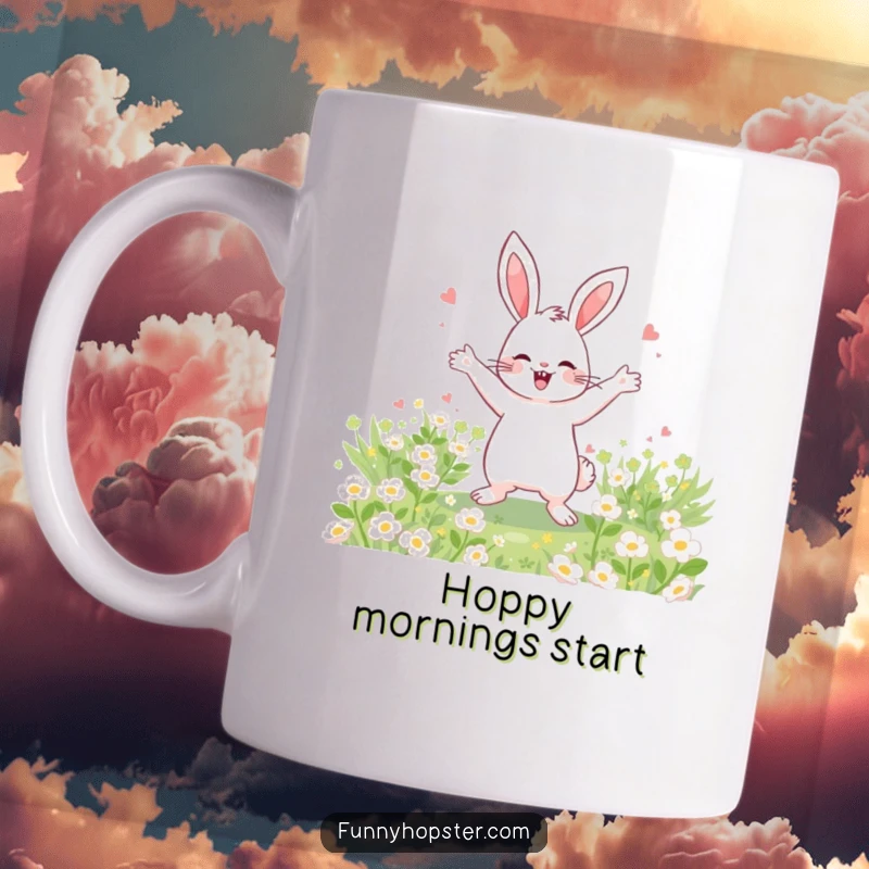 Funny Mug featuring a happy rabbit dancing joyfully in a field of clover, celebrating good luck and cheer.