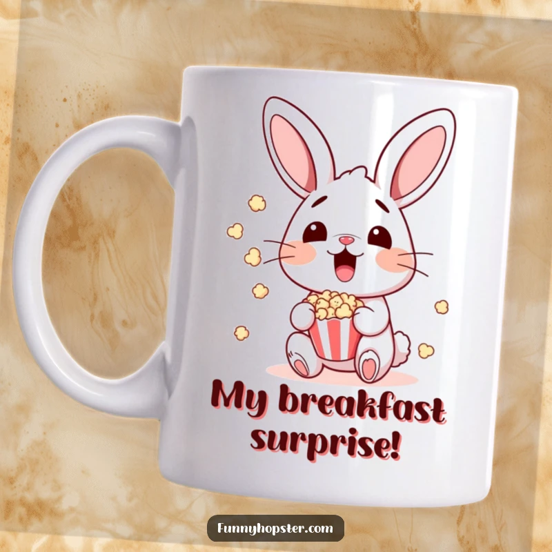Funny bunny character with wide eyes and an open mouth, popcorn exploding around it, perfect for a funny mug.