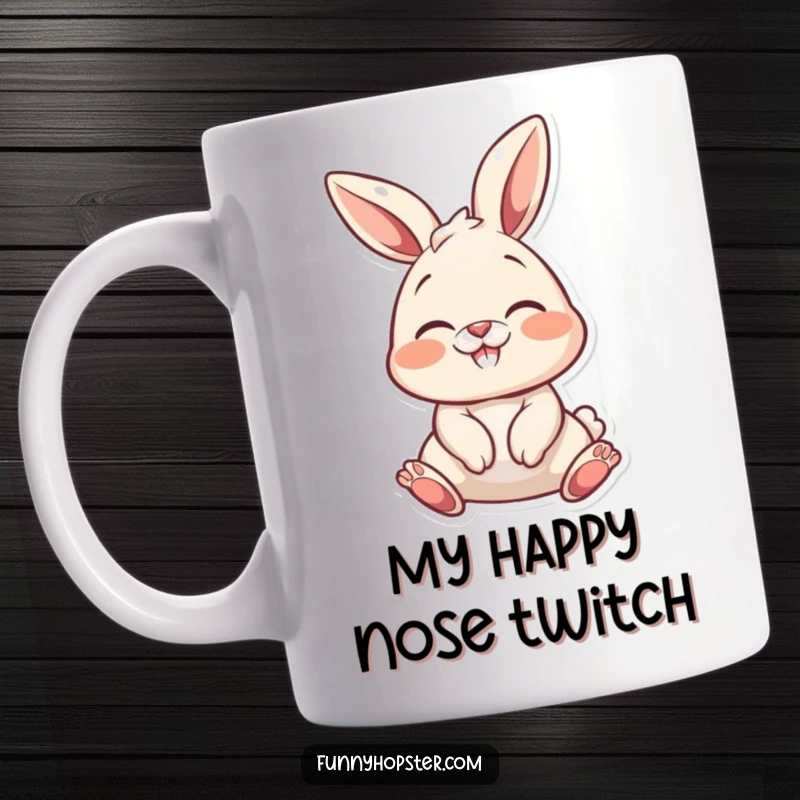 Funny bunny character wiggling its nose with pure delight and happiness, perfect for a funny mug.