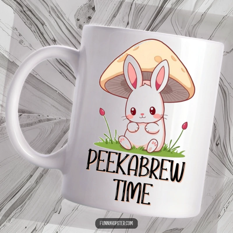 Funny kawaii rabbit mug showing a cute bunny peeking curiously from behind a large, colorful mushroom, with wide, inquisitive eyes.