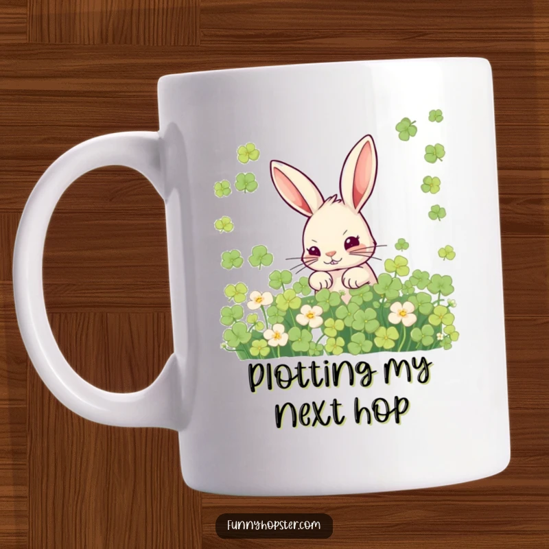 Funny mug featuring a mischievous rabbit peeking out from a clover patch, conveying playful secrecy and humor.