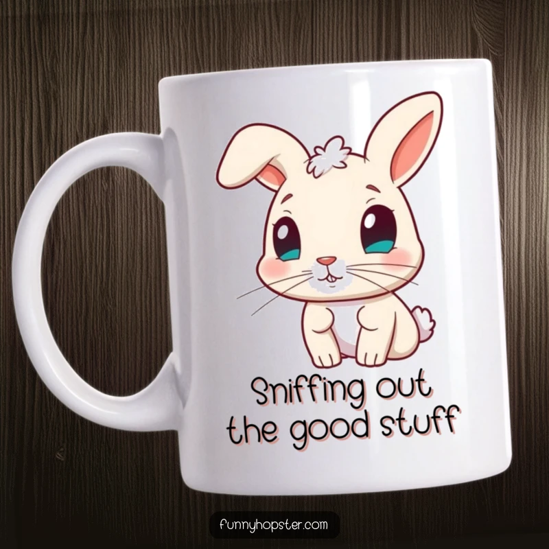 Funny mug of a curious rabbit character intensely twitching its nose, symbolizing keen observation and lightheartedness.
