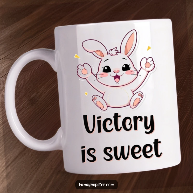Funny Bunny Celebration Mug: A joyful bunny with paws raised in the air, cheering and celebrating, an ideal funny gift for parties.