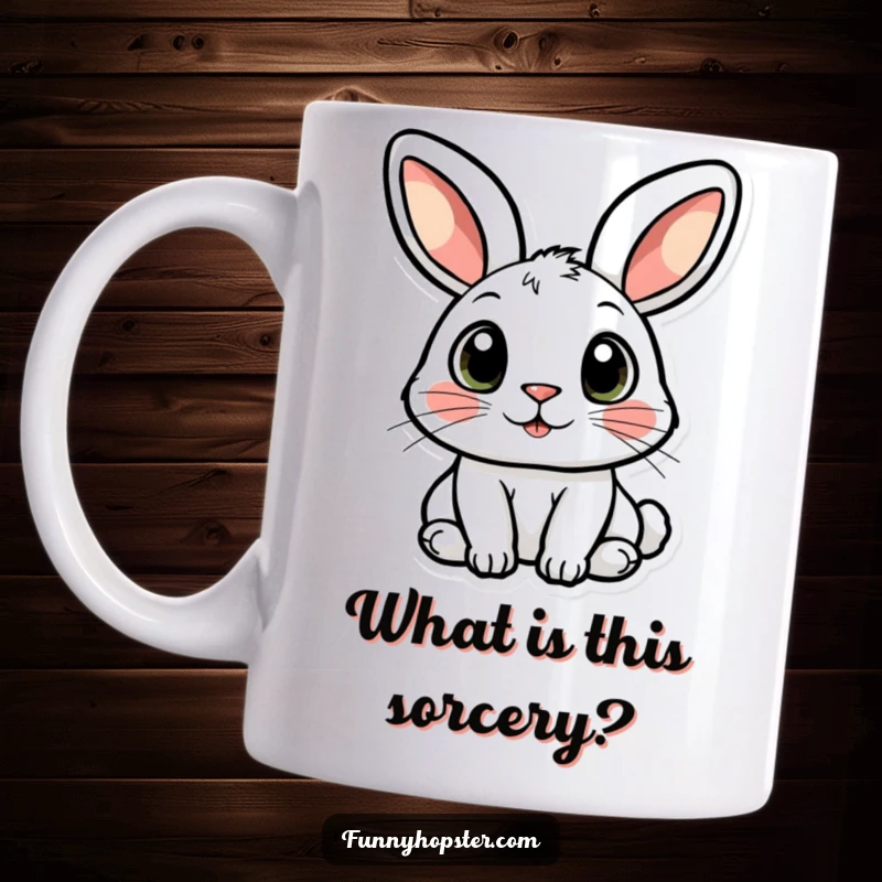 Funny mug with a cartoon rabbit character sporting large, wide, curious eyes, looking at something intriguing.