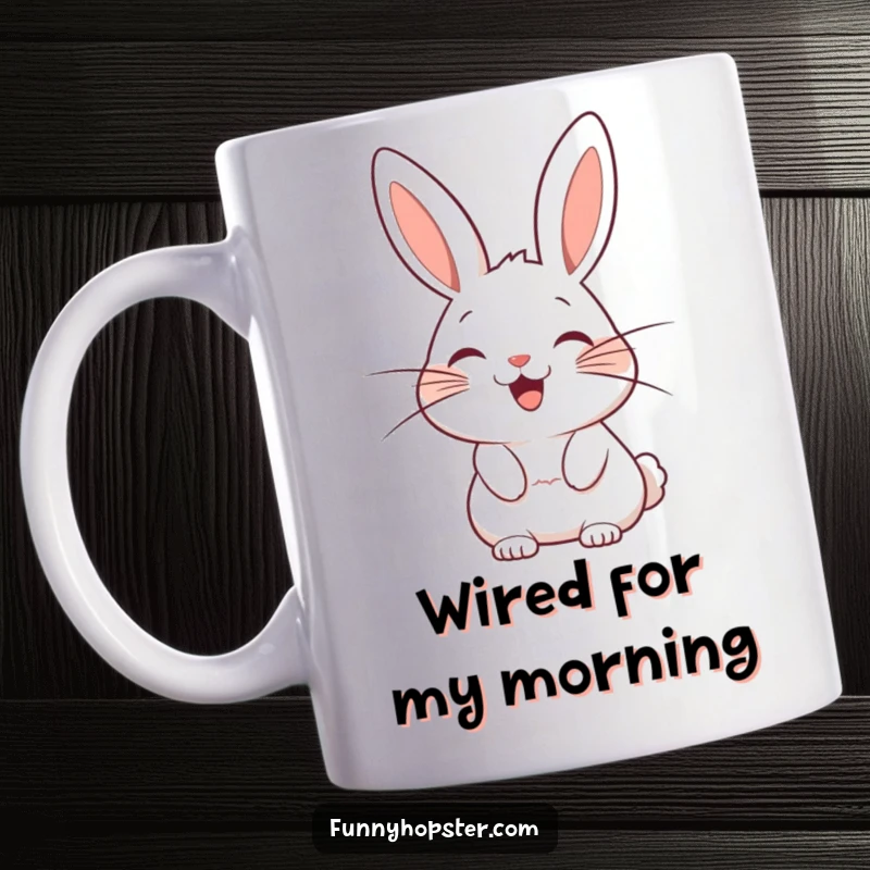Funny mug with a stylized rabbit character whose exaggerated whiskers are wagging with pure delight and happiness.