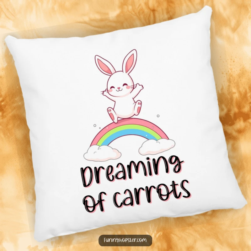 Funny Rabbit Pillow: A playful rabbit leaps over a rainbow, offering comfort and bright, happy vibes.