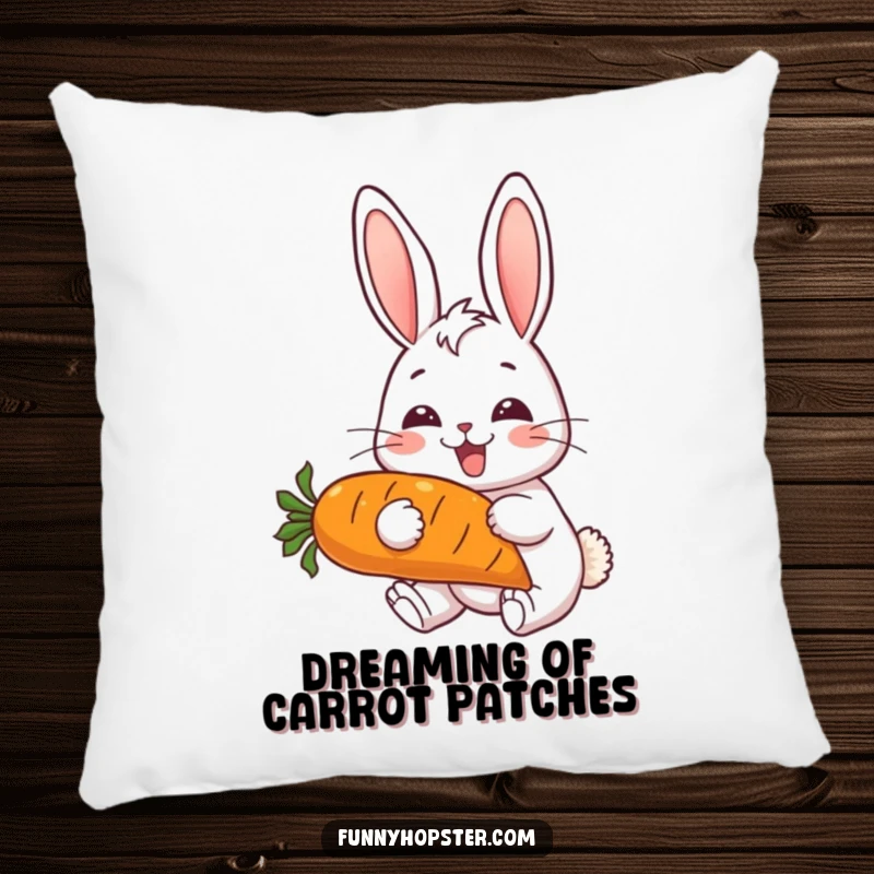 Funny pillow featuring a happy rabbit with perked ears, joyfully eating a big carrot, soft and huggable.