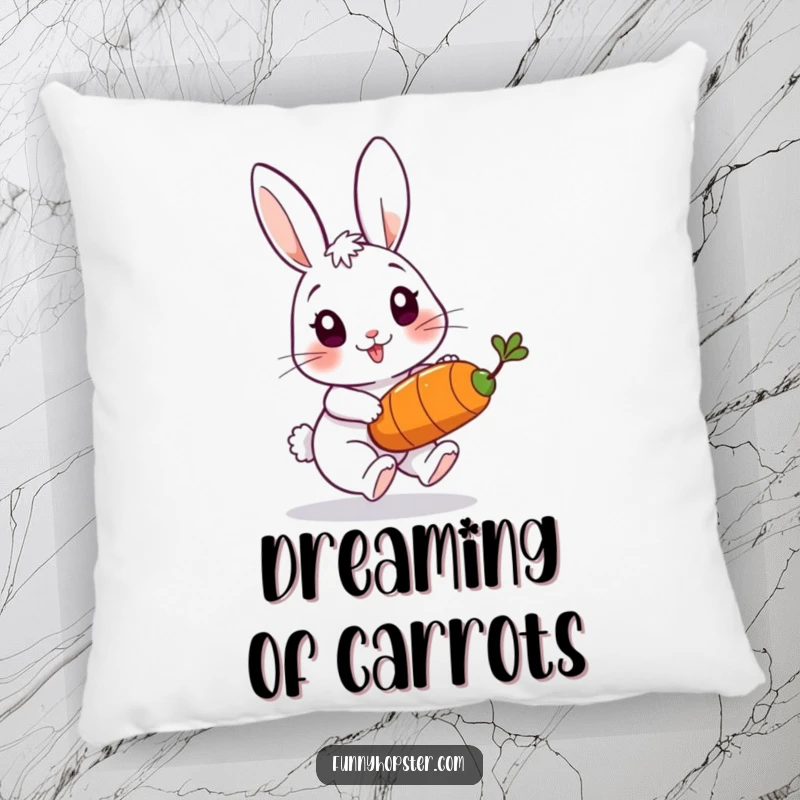 Funny pillow featuring a playful rabbit character chasing a bouncing carrot, bringing comfort and energetic humor to any space.
