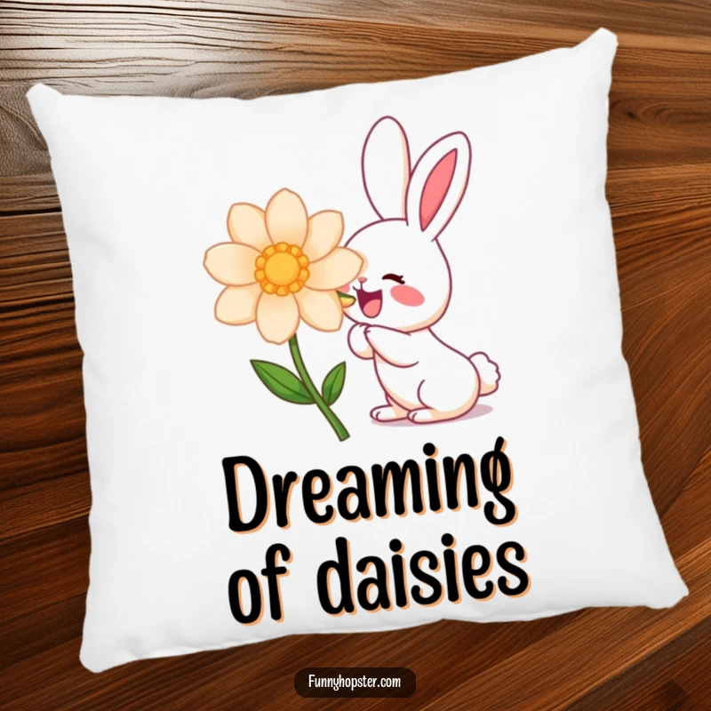 Funny kawaii rabbit character with closed eyes delightedly sniffing a huge flower, perfect for a soft funny pillow.