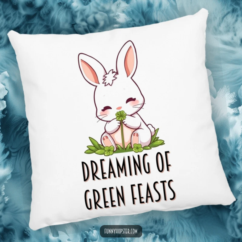 Funny Rabbit Pillow: A soft accent pillow depicting a rabbit nibbling a clover, bringing cozy, nature-inspired charm and luck.