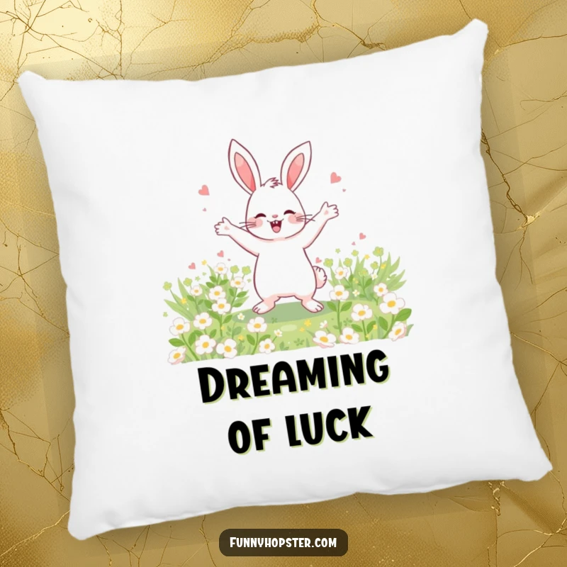 Funny Pillow featuring a happy rabbit dancing in a clover field, ideal for adding cozy celebration.