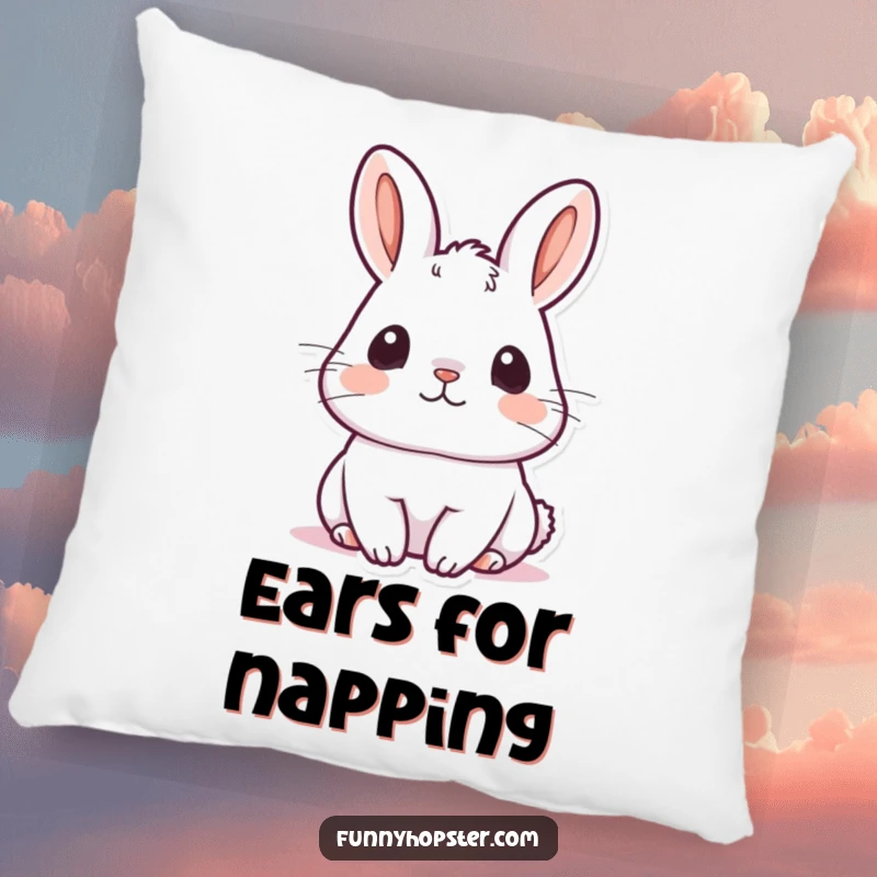 Funny kawaii rabbit pillow with a cute bunny with ears perked up, listening intently, embodying quiet focus and calm.