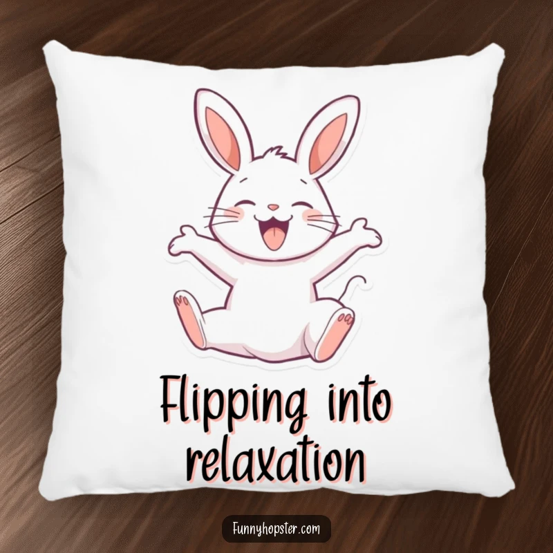 Funny pillow featuring a joyful rabbit character performing a happy backflip, offering comfort and a vibrant sense of exhilaration.
