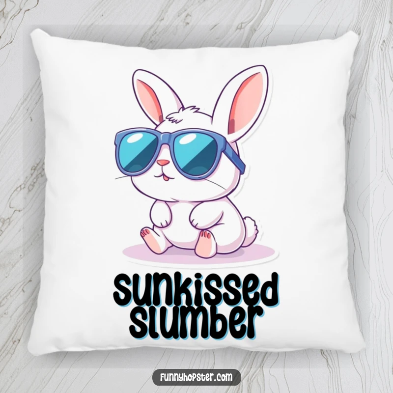 Funny pillow featuring a kawaii rabbit in oversized sunglasses enjoying a sunbath, offering cozy comfort and cool vibes.