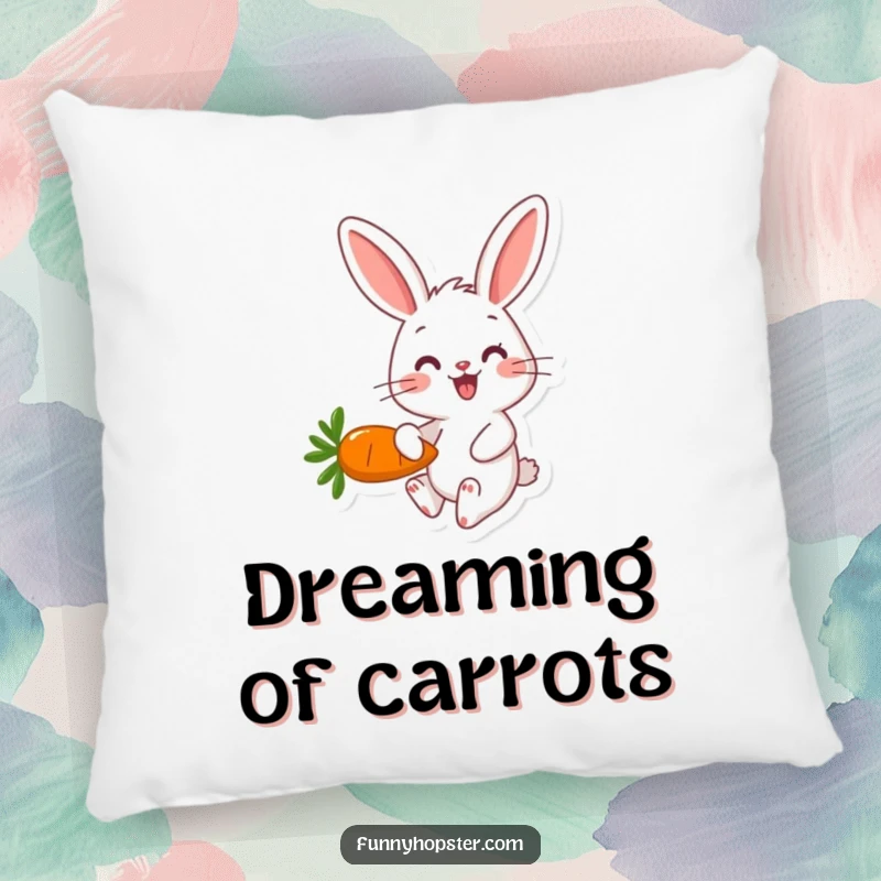 Funny happy rabbit character hopping with a carrot on a soft and comforting decorative pillow.