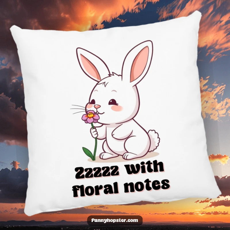 Funny pillow featuring a rabbit enthusiastically wiggling its nose while smelling a flower, soft and decorative.