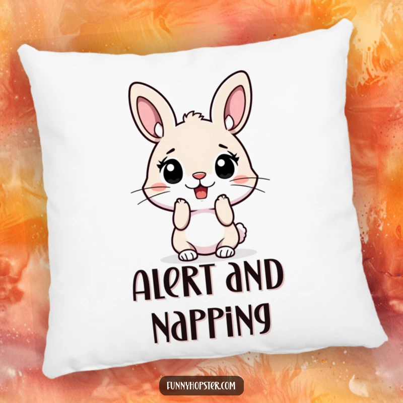 Funny pillow designed with a surprised rabbit character, ears perked high, offering a humorous and comfortable decorative accent.