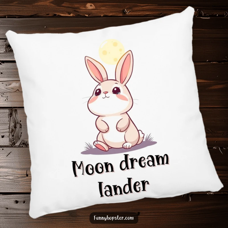 Funny pillow featuring a rabbit character gazing at the moon, bringing a sense of wonder and tranquility.