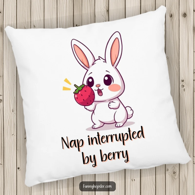 Funny pillow showing a startled rabbit with wide eyes, reacting to a bouncing berry, soft and huggable.