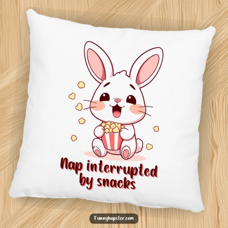 Funny surprised bunny with popcorn exploding nearby, designed for a soft funny pillow.