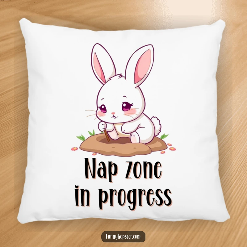 Funny pillow showing a cute rabbit with pink eyes excitedly digging a hole with its tiny paws, full of cozy charm.