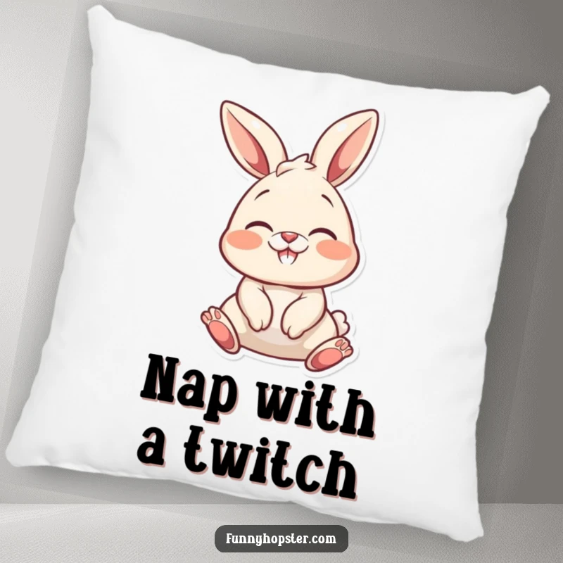 Funny bunny with a nose wiggle expressing delight, designed for a soft funny pillow.