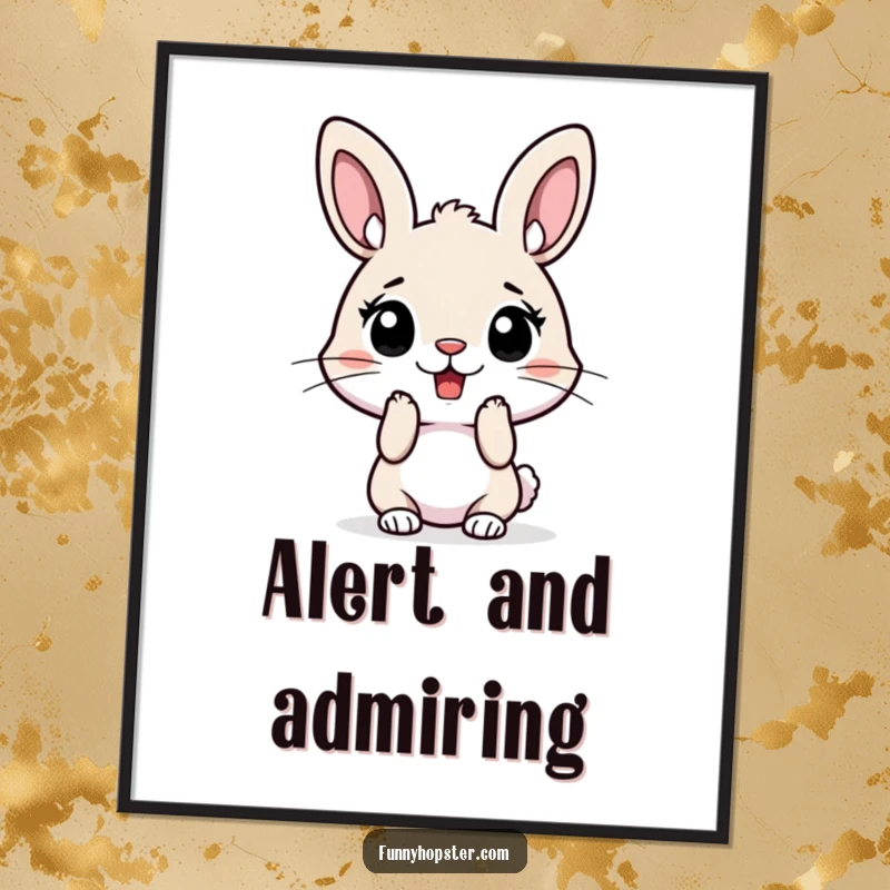 Funny digital art print of a rabbit with its ears perked high in absolute surprise, a humorous and expressive piece.