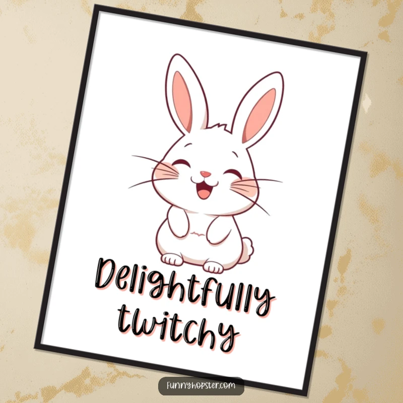 Funny digital art print of a stylized rabbit character with exaggerated whiskers wagging with pure, unadulterated delight and joy.
