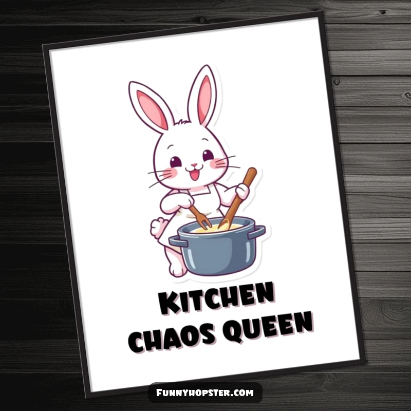 Funny chef rabbit in a tiny apron, enthusiastically stirring a pot, as a downloadable digital art print for immediate home decor.