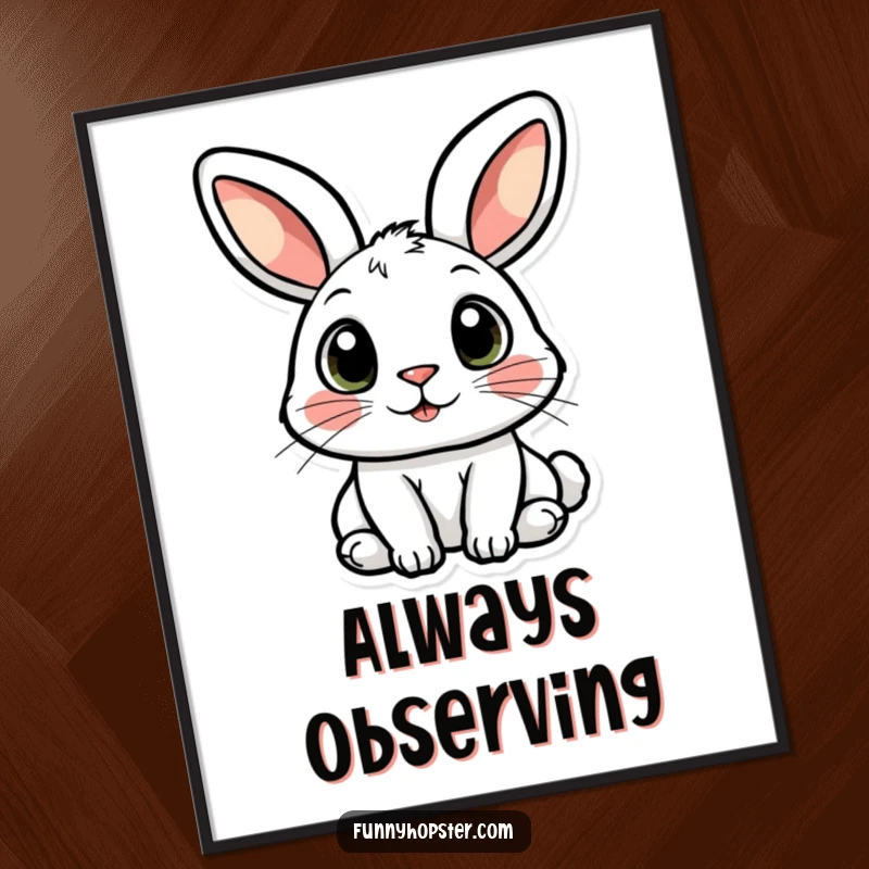 Funny digital art of a rabbit with large, expressive, wide eyes, looking out with curiosity and wonder.