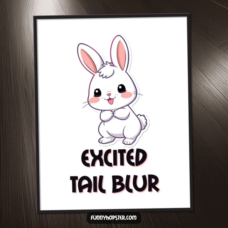 Funny digital art print of a giddy rabbit with its tail wiggling excitedly, conveying pure joy and happiness.