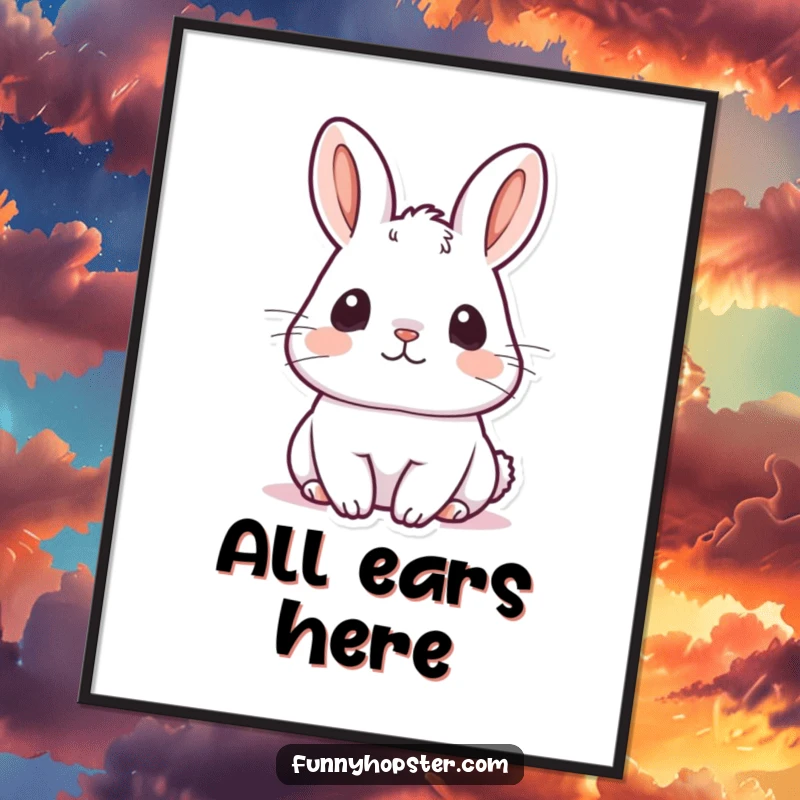 Funny kawaii rabbit digital art print of a cute bunny with ears perked up, listening intently, creating an atmosphere of calm.