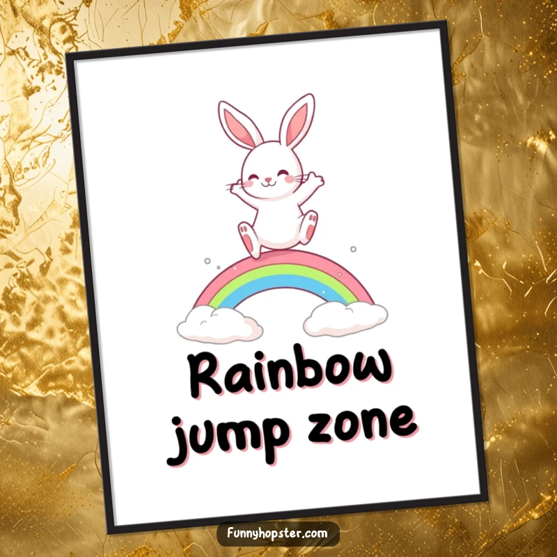 Funny Rabbit Digital Art Print: A playful rabbit leaps joyfully over a vibrant rainbow, radiating happiness and fun.
