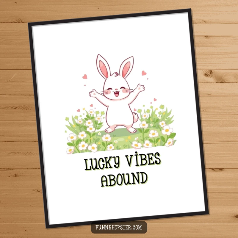 Funny Digital Art Print of a happy rabbit doing a celebratory dance in a field of clover, embodying pure joy.