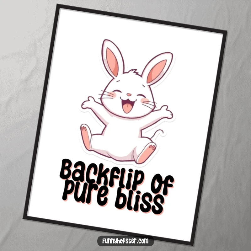 Funny digital art print depicting a joyful rabbit character performing a happy backflip, symbolizing pure exuberance and dynamic celebration.