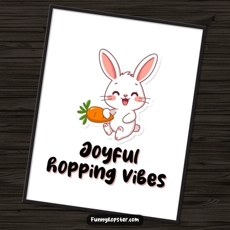Funny happy rabbit character hopping with a carrot in a vibrant and cheerful digital art print.