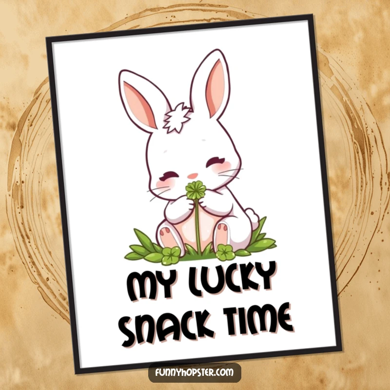 Funny Rabbit Digital Art: A downloadable print capturing a rabbit peacefully nibbling a clover, perfect for serene and nature-themed decor.
